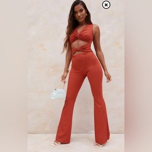 Rust Rib Twist Detail Plunge Flared Jumpsuit